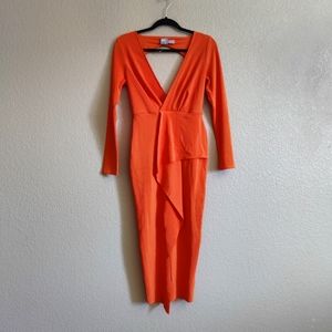 US6/UK10 ASOS Long Sleeve Waterfall Plunge Midi Dress, Orange